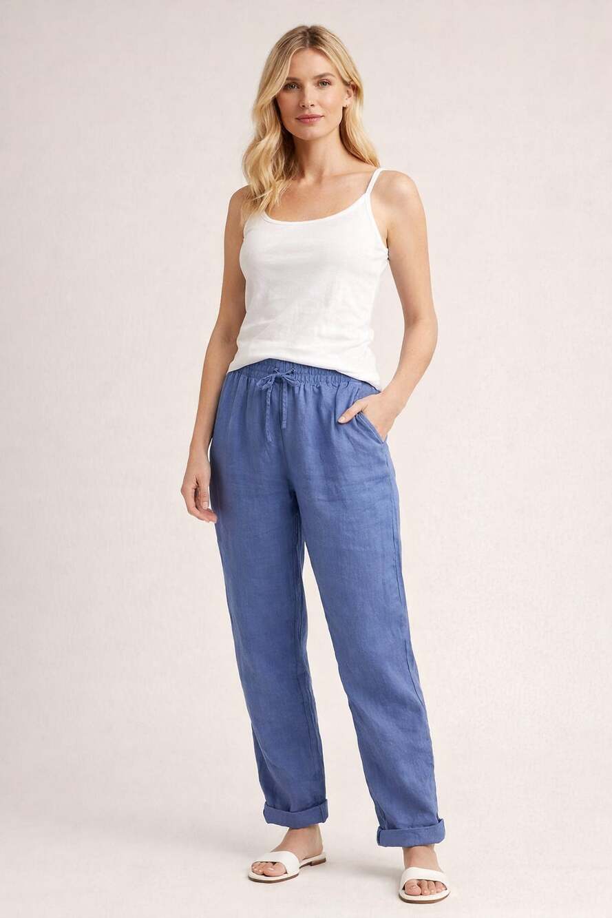 H&M Premium Selection XL Natural Linen Drawstring Pants Blue Summer Boho